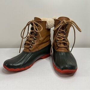 Sperry Saltwater Duck Boots Shearling‎ Lined J.Crew Collab Green Red Women’s 6.5